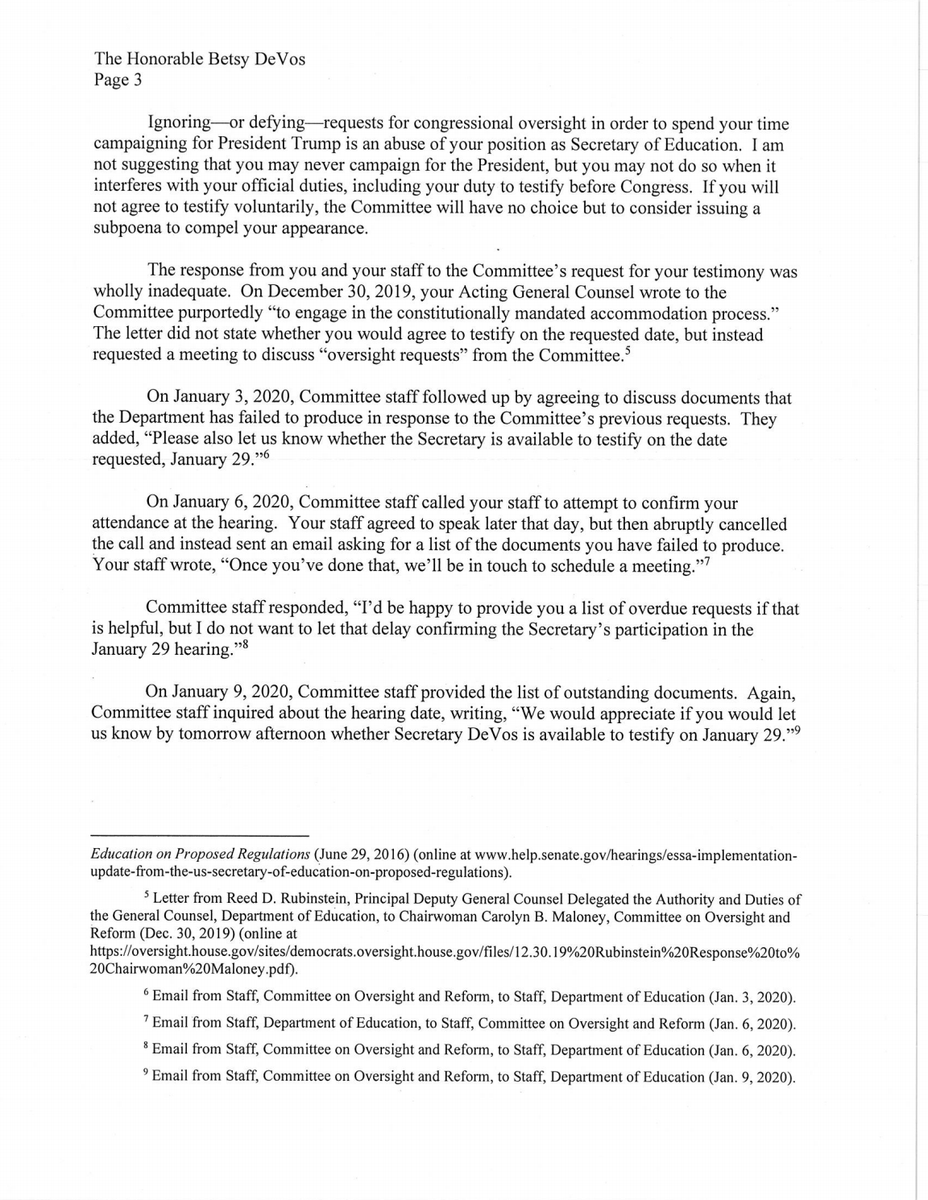 Screenshot of page 3 of the letter from Chairwoman Maloney to Secretary Betsy DeVos. 