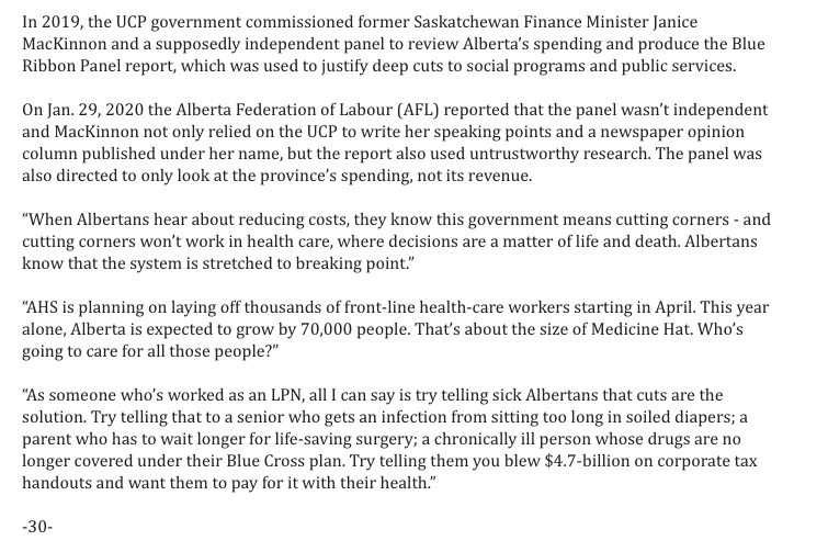 TrevorRobb_'s tweet photo. AUPE news release: “AHS is planning on laying off thousands of front-line health-care workers starting in April. This year alone, Alberta is expected to grow by 70,000 people. That’s about the size of Medicine Hat. Who’s going to care for all those people?” #ableg #abhealth https://t.co/iajiEOH90B
