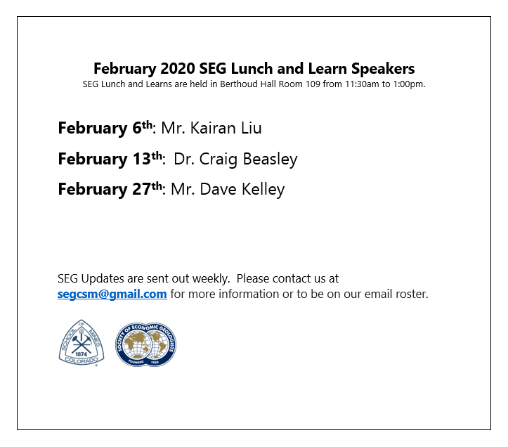 Our February Lunch and Learn schedule is now available!  All our meetings this month will be held in Berthoud Hall Room 109.  Hope to see everyone there!