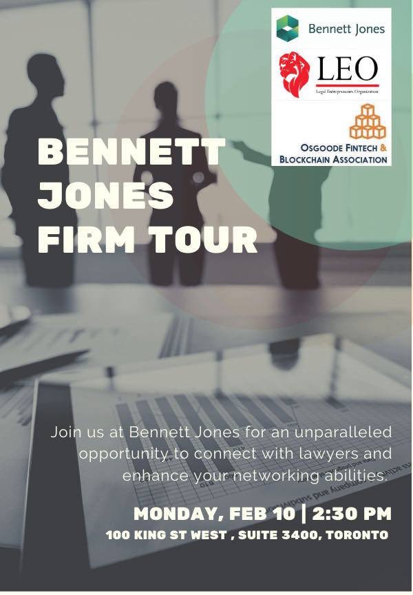 OsgoodeLeo's tweet photo. We are back with another event! This time we will be partnering with the @OsgoodeFBA to co-host a firm tour at @BennettJonesLaw next Monday February 10. RSVP by this Thursday to reserve your spot: https://t.co/ZwZEgqKWWy
We look forward to seeing you! https://t.co/YMuLyAwJGE