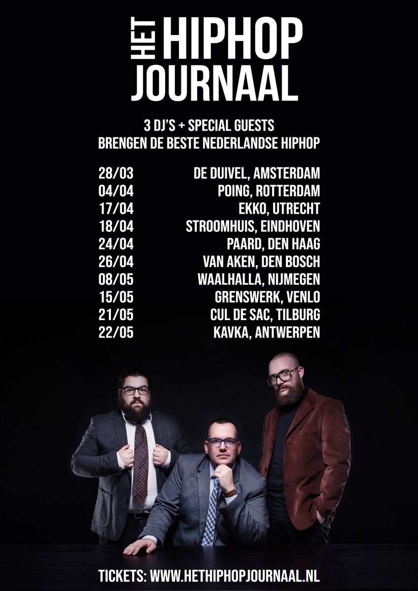 WE GAAN OP TOUR! 🔥

Met gepaste trots kondigen we 10 shows aan: tussen 28 maart en 22 mei komen we naar je toe met de beste NL hiphop! We nemen speciale gastartiesten mee, gooien de hardste classics en voorzien je van de hardste bangers..

Info &amp; tickets: hethiphopjournaal.nl