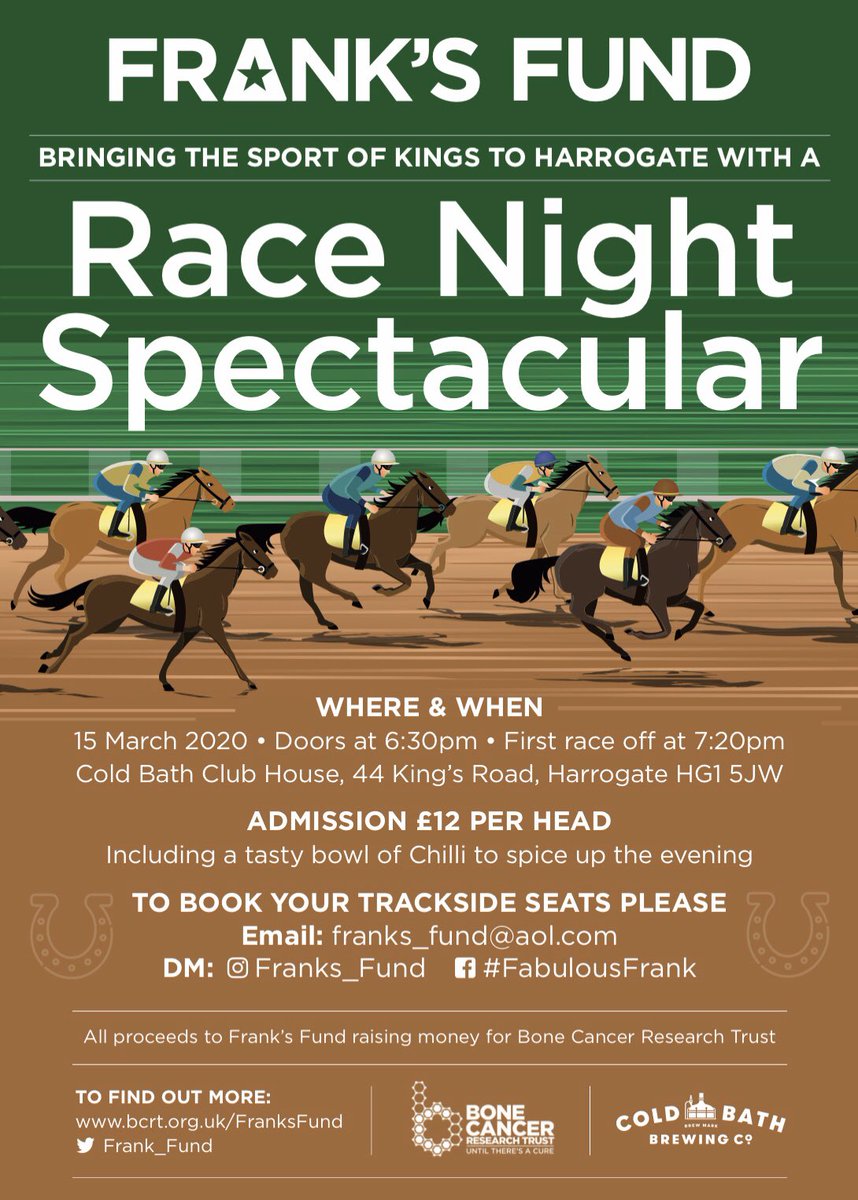 Our next event for Frank’s Fund is here! Have a flutter on 8 races &amp; even buy a horse to get a 1 in 8 chance of winning a great prize. Included in price is chilli &amp; <a href="/coldbathbrewco/">Coldbathbrewing</a> are providing a full bar, including To Be Frank beer. DM FOR TICKETS.
#FabulousFrank #horseracing