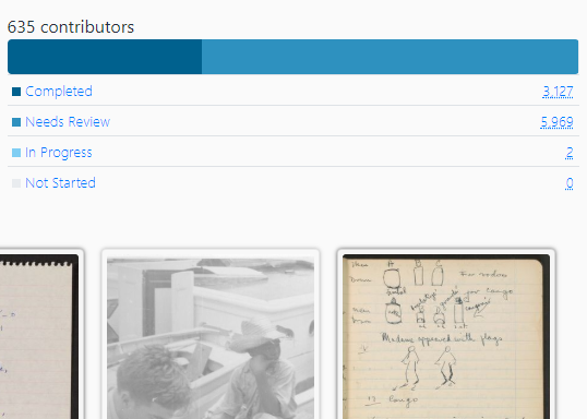 Screenshot of Alan Lomax transcription stats, showing that 3,127 pages have been completed
