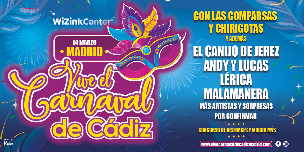 Vivecarnavalmad's tweet photo. 🎉🎭¡NOS VAMOS DE CARNAVAL! 🎭🎉 Actuaciones en directo, ambiente y decorados, asistentes disfrazados y grandes artistas como @andyylucasoficial, @lericamusic, @malamanera_tarifa_, @elcanijodejerez,  ¡y mucho más!💥🎙
¡ENTRADAS YA A LA VENTA! 🎟: https://t.co/Pm3lAKXgQe https://t.co/wDLv7B9efT