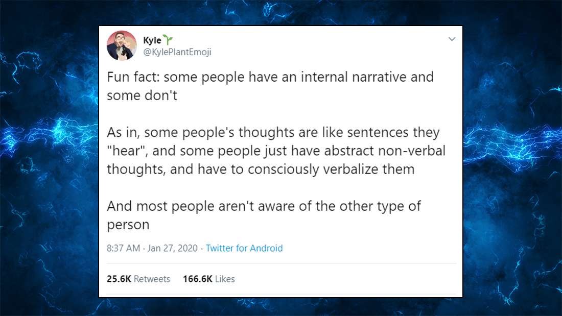IFLScience's tweet photo. People Are Weirded Out To Discover That Some People Don't Have An Internal Monologue
https://t.co/gnQD6Swdh1 https://t.co/4AQ4YhZz3b