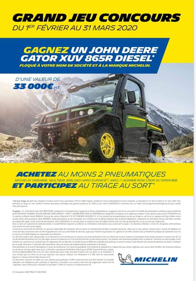 PointereauPro's tweet photo. Du 1er au 31 mars, le groupe Michelin lance des offres exceptionnelles sur l'Agricole! Et tentez de gagner un @JohnDeere Gator XUV !!! 😍🚜 https://t.co/44s9PptEpr