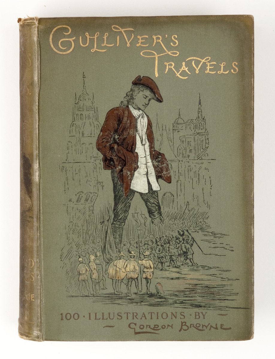 Book cover of Gulliver's Travels, in green with a central figure of a man in 18th century style garments 