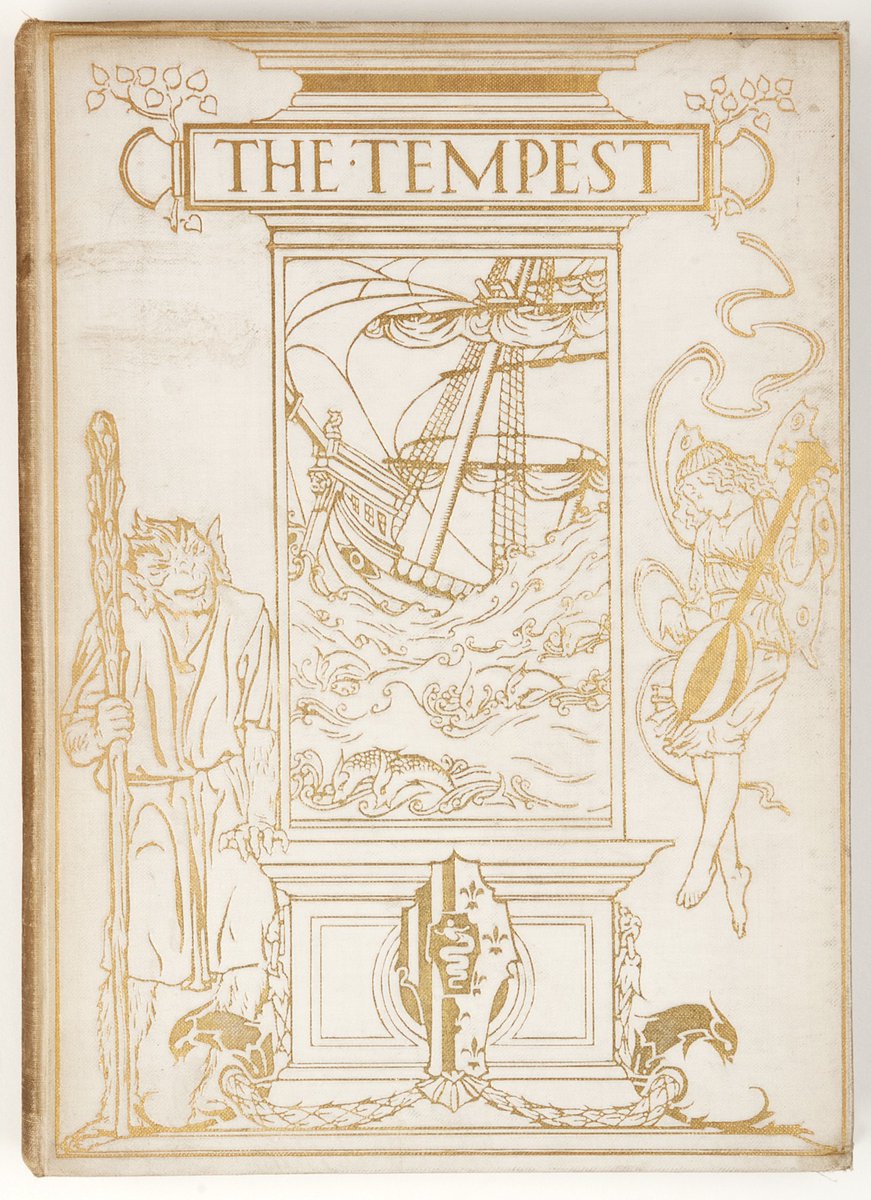 An image of the cover of a 1901 edition of Shakespeare's The Tempest. The cover is in a neutral colour and depicts a stylised central image of a ship on rough seas surrounded by a fairy and a goblin, in gold.  