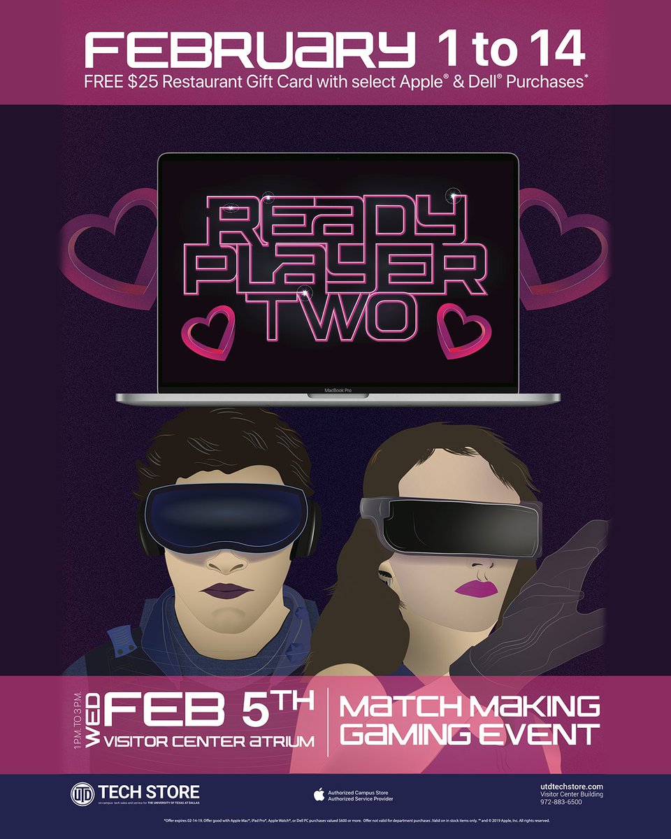 UTDAuxiliarySvs's tweet photo. Join us for #UTDTechStore’s first ever match making gaming event, Ready Player Two! The event will be held on Wednesday, February 5th from 1-3pm at the Visitor Center Atrium. We hope to see you there! #UTDallas https://t.co/dvYiLqtiqK