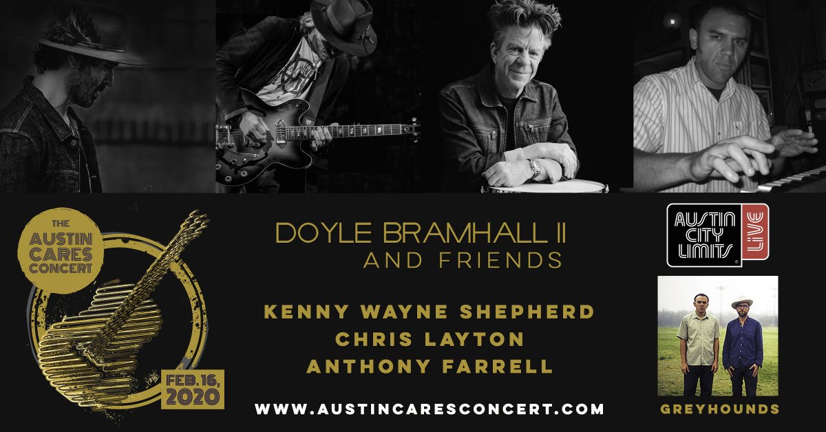 Thrilled to have Kenny Wayne Shepherd, Chris 'Whipper' Layton, and Anthony Ferrell as my special guests in Austin! Grab your tix today peeps! austincaresconcert.com #doylebramhall2 #kennywayneshepherd #chrislayton #anthonyfarrell #greyhoundsmusic @acllive