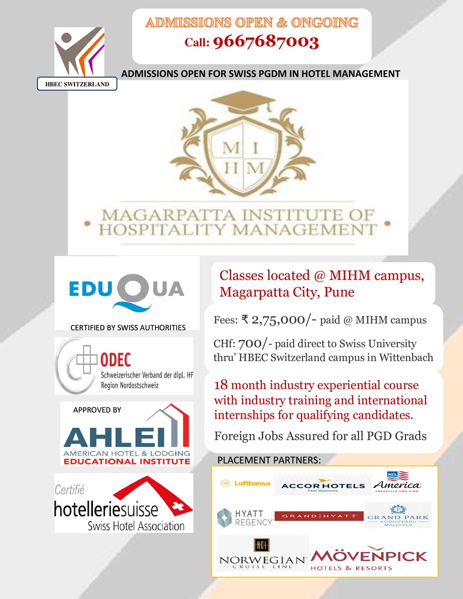 HBEC_INDIA's tweet photo. #admissionsOngoing #HBEC #Switzerland campus in #Pune 
Get your dream job in #LuxuryHotelManagement in only 18 months.  Apply today for your seat to success.
Placements abroad assured for all graduates in #EU #UK #Canada #Ireland https://t.co/MxbCdbbXh6