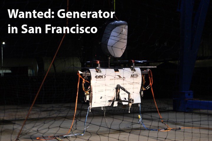 We are getting ready for the next phase of testing in the #USA and we need your help to make it successful. Our team is looking for a #sponsor who can #loan us an industrial sized 150 kW #generator in the #SanFrancisco bay area.
 
#flight #test #aviation 

<a href="/GlobalPwr/">Global Power Supply</a> <a href="/CK_Power/">CK Power</a>