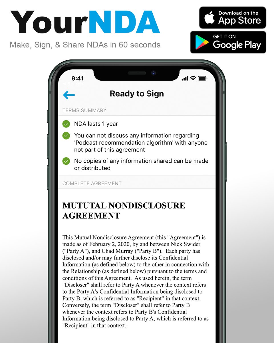 CorkedCode's tweet photo. Make, Share, &amp; Sign NDAs in 60 Seconds with YourNDA

Quickly fill in a potential business partner's name &amp; email, a short description of your idea, generate a mutual NDA ready to sign right on your phone, and text or email as a PDF.

Checkout the launch at https://t.co/N3gN3o5z2O https://t.co/HPaktaTLJT