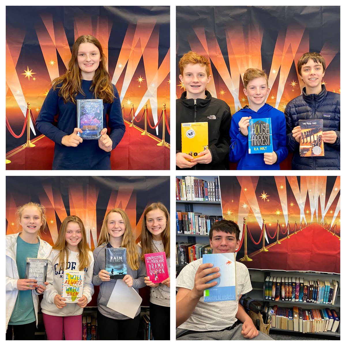 LibraryNMS's tweet photo. The votes for NMS Library Reader’s Choice Awards have been tallied! And the winners are... NF- I Will Always Write Back, Horror- Small Spaces, HF-The Book Thief, RF- Out of My Mind, GN- Smile, Dystopian- The Hunger Games @CAlifirenka @MartinGanda @arden_katherine @sharonmdraper https://t.co/HFk7bjxMim