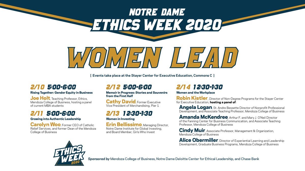 EthicsWeekND's tweet photo. Extra, extra, read all about it!  Mendoza College of Business issues press release for Notre Dame's Ethics Week 2020:   https://t.co/N94RhPKG2r #WomenLead #EthicsWeekND https://t.co/e3z4jL4tRr
