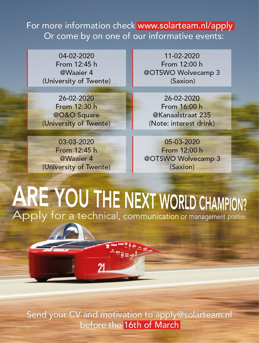 solarteamtwente's tweet image. In the coming weeks we will organize a number of interest activities! Team members from past editions will tell you everything you need to know about the next edition and of course there is room for asking your questions. We look forward to meeting you! 👋 #apply #edition2021
