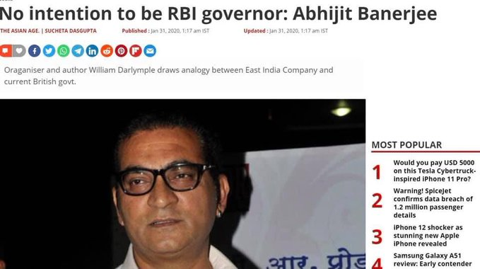  #YeBhaaratKePatrakaarAtleast they got the 'Abhijit' part right.Too bad the Abhijit that their millennial intern googled was a singer and not an economist!:D