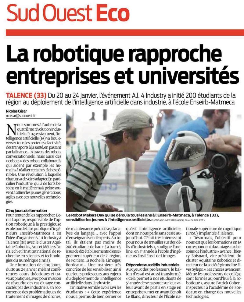 Retour sur le workshop #AI4Industry, séminaire de 5 jours (20-24 janvier) organisés par <a href="/ENSEIRBMATMECA/">ENSEIRB-MATMECA</a>, <a href="/Inria_Bordeaux/">Centre Inria de l’université de Bordeaux</a> et <a href="/ArtsetMetiers_/">Arts et Métiers - ENSAM</a> sur le déploiement opérationnel de l'#IntelligenceArtificielle dans l'industrie via <a href="/sudouest/">Sud Ouest</a>