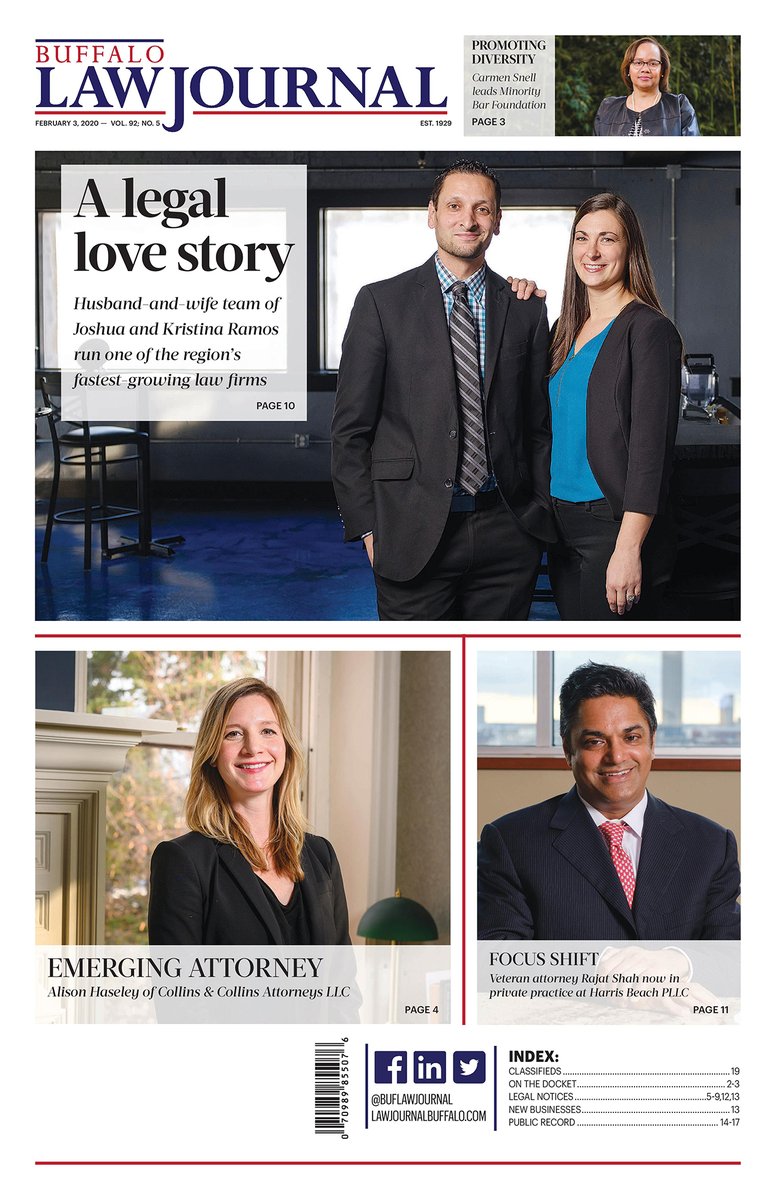 LawJournalEd's tweet photo. This week's @BufLawJournal is out and features a fun story with Joshua and Kristina Ramos of @Ramos_Ramos_Law. We also checked in with Rajat Shah of @HarrisBeach; Carmen Snell of the Minority Bar Foundation; and #EmergingAttorney and Alison Haseley of Collins & Collins. https://t.co/qdqNjVuN30