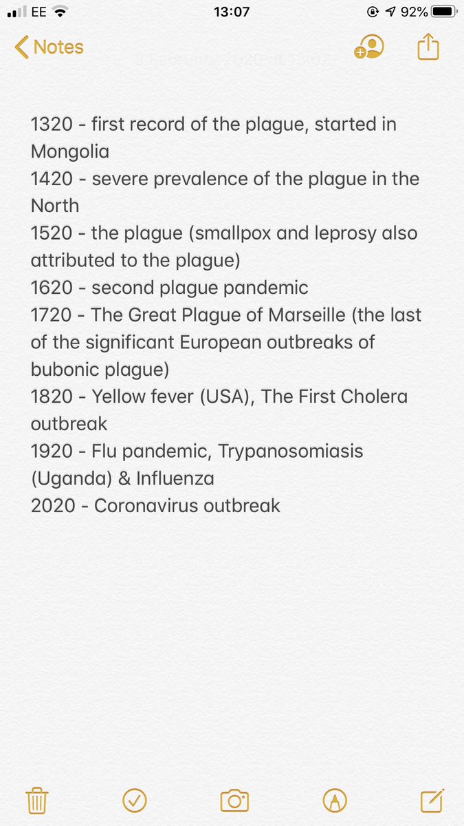 Toria__x's tweet photo. List of major epidemics over the last 800 years in the 20’s. Didn’t look further than 1320 but probably a lot more. 

Madness.

#coronavirus https://t.co/cX828g5aIS