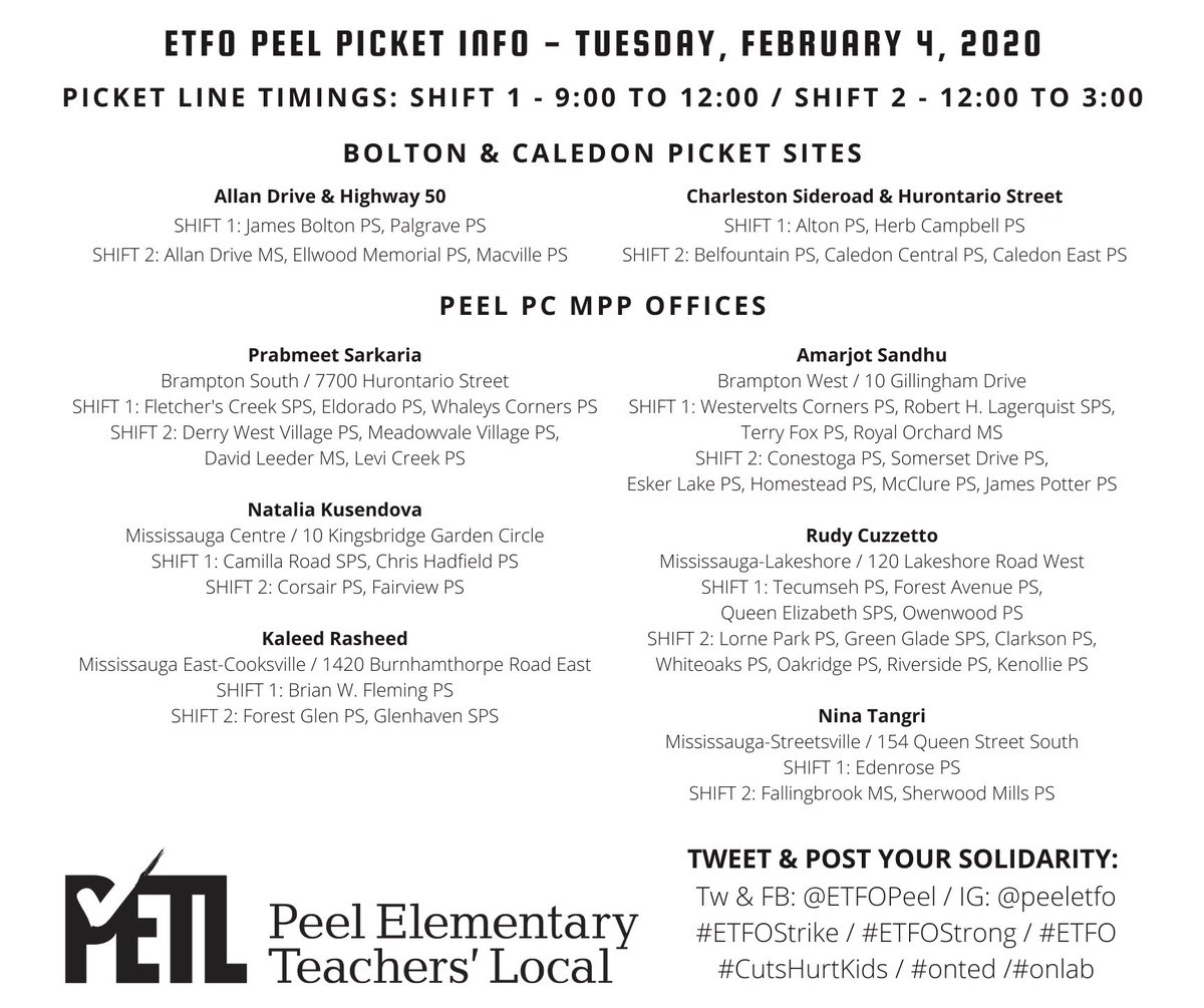 *UPDATE* FOR TUES, FEB 4 – FOR OUR <a href="/ETFOPEEL/">ETFO Peel</a> ALLIES &amp; SUPPORTERS: A full listing of our picket/strike locations, broken down by shift &amp; work site (where each #Peel work site’s members will be, &amp; when). PLEASE SHARE WIDELY! #CutsHurtKids #ETFOStrike #ETFOStrong #ETFO #onted #onlab