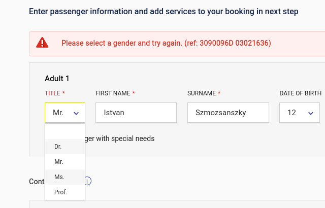 Flight booking interface showing a custom dropdown labelled "Title" ahead of "First Name" and "Last Name" fields. The dropdown has options "Dr.", "Mr.", "Ms.", "Prof.". Above the form an error message is shown in red: "Please select a gender and try again."