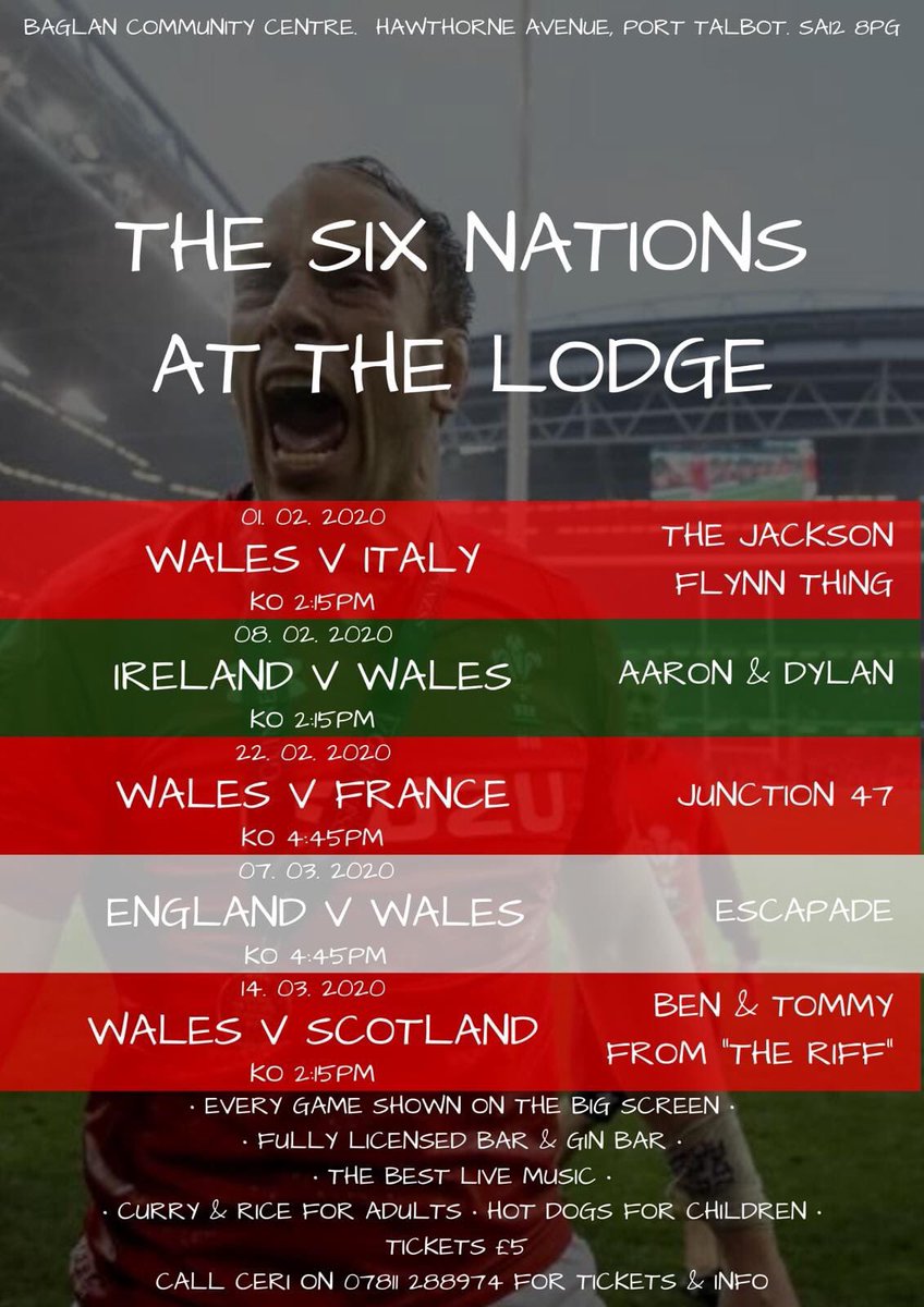 LIVE MUSIC "AND"  SIX NATIONS RUGBY AT THE BAGLAN COMMUNITY CENTRE !! 

£5 PER PERSON
Curry &amp; rice for adults
Hotdogs for kids
Top Bands on after the game
Gin bar
Can bar
Good prices 

Grab your tickets while you can!