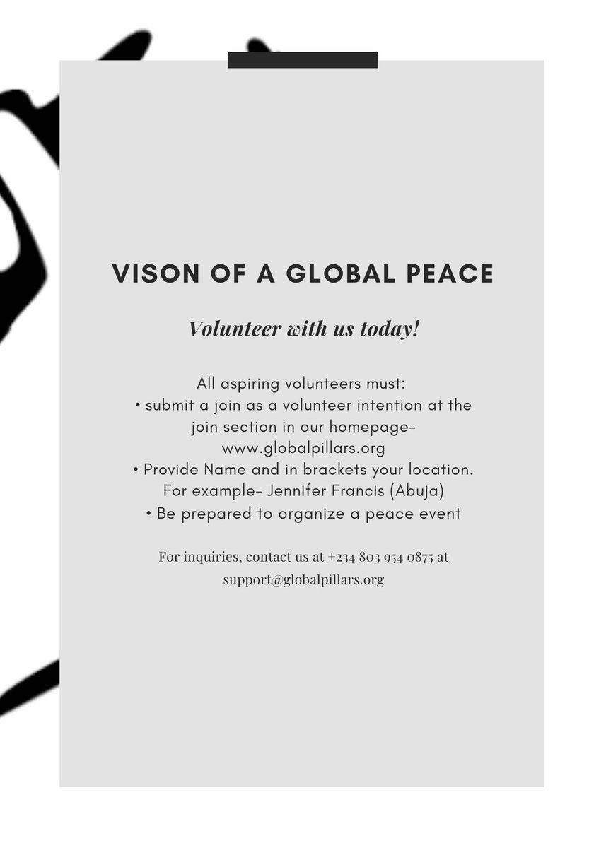GlobalPillars's tweet photo. A call for VOLUNTEERS!

We are looking for passionate young people to organize peace events in their respective communities, cities, schools, organizations etc. We want to work with you in promoting peace in communities.
For more information please visit-
https://t.co/um3lVdRvhO https://t.co/nmA42XVVAb