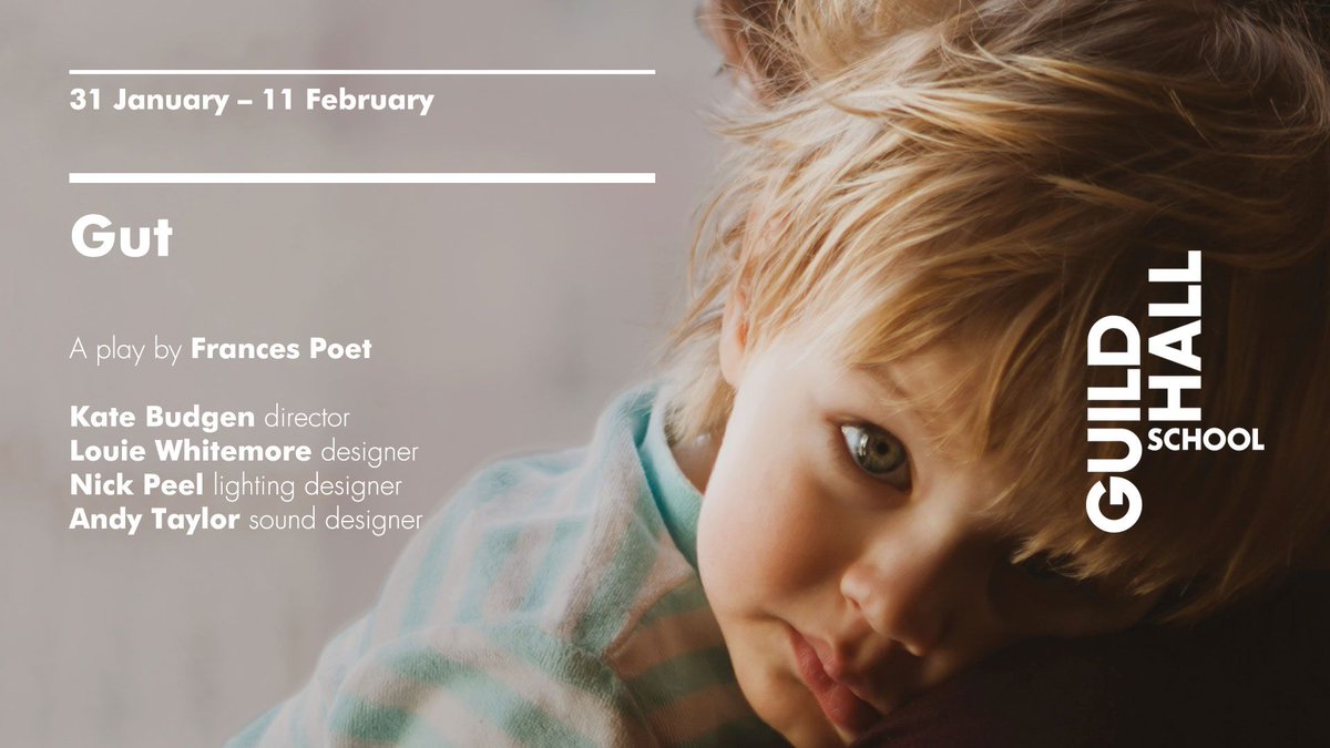 Close up of child being carried, with text overlay of production dates and creative team information