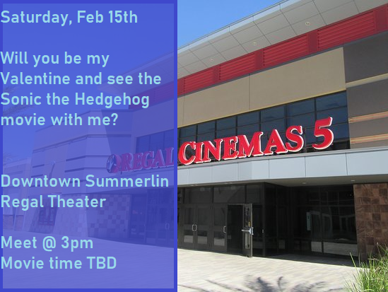RT_LasVegas's tweet photo. To show our love for our wonderful community here, what better way than to all go see the best love story movie to come out?

Join us Feb 15th as we go watch Sonic the Hedgehog.
Exact movie time TBD but we'll all get together at 3pm to hang and chat. https://t.co/VRwiMZlLpt