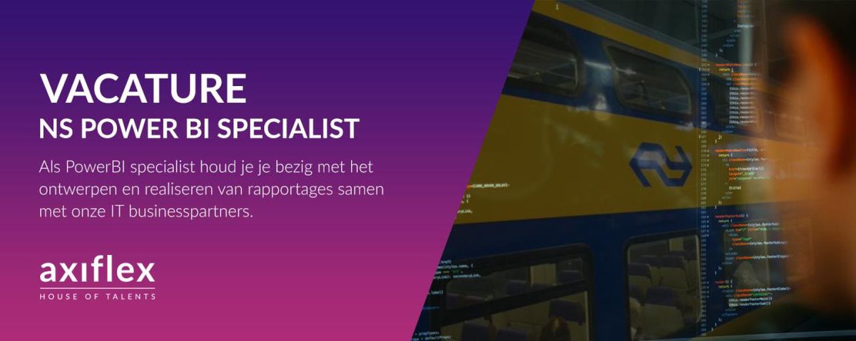 AxiflexBV's tweet image. Vacature: NS Power BI Specialist, Als PowerBI specialist houd je je bezig met het ontwerpen en realiseren van rapportages samen met onze IT businesspartners.  #bi #BusinessIntelligence #ns #PowerBI 
bit.ly/31lgCrj