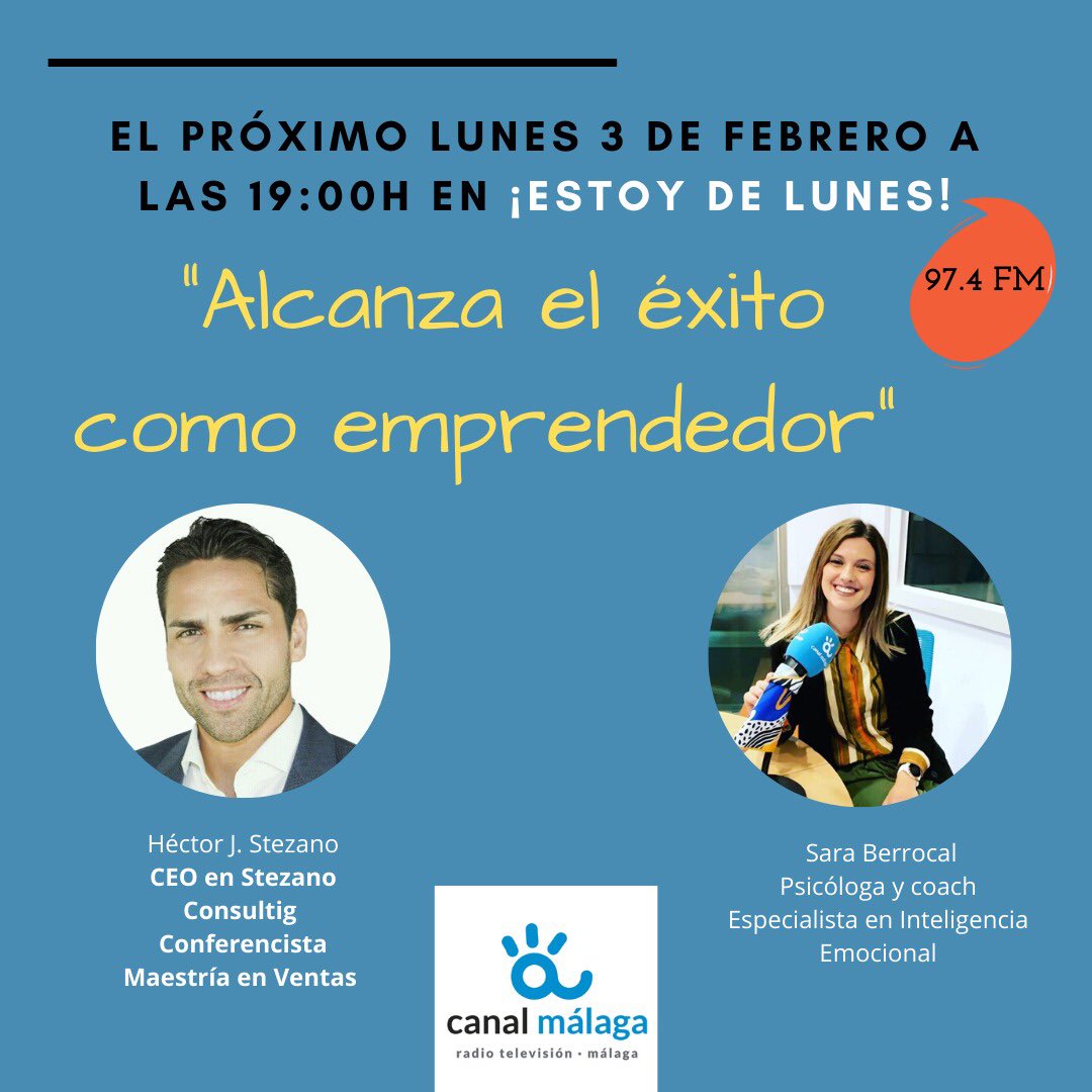 Nos vemos esta tarde en <a href="/CanalMalagaRTV/">Canal Málaga RTV</a> a las 19:00h en “Estoy de Lunes”.

#estoydelunes #ellunesnoesexcusa #éxito #vocación #voluntad #sentido #propósito #emprender #hábitos #PNL #coaching #psicología