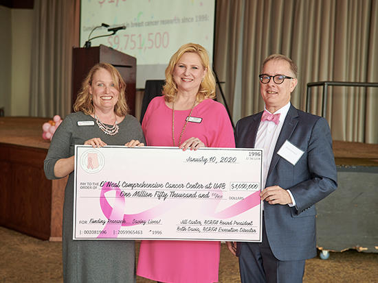 Beth Bradner Davis, BCRFA Executive Director; Jill Carter, BCRFA President; and Barry Sleckman, M.D., Ph.D., director for the O'Neal Comprehensive Cancer Center
