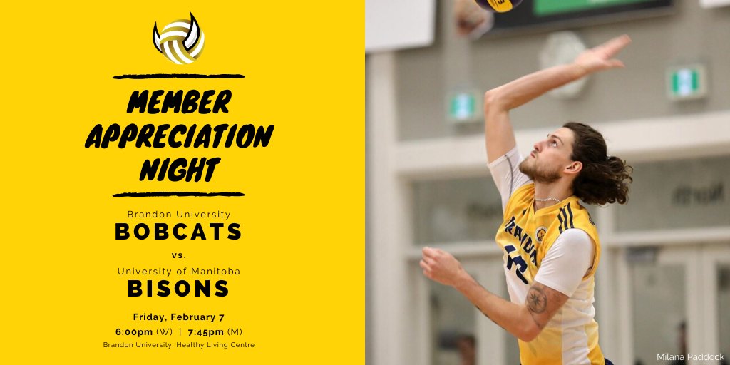🏐MEMBER APPRECIATION NIGHT #2🏐
•
In partnership w/ <a href="/BUBobcats/">BU Bobcats</a> we are offering comp tix to all VM members to catch Bobcats men’s &amp; women’s vball on Feb 7 at the BU HLC, 6p (W) &amp; 7:45p (M).
•
Email CraystonT@BrandonU.ca to access this offer.
•
📸: Milana Paddock Photography