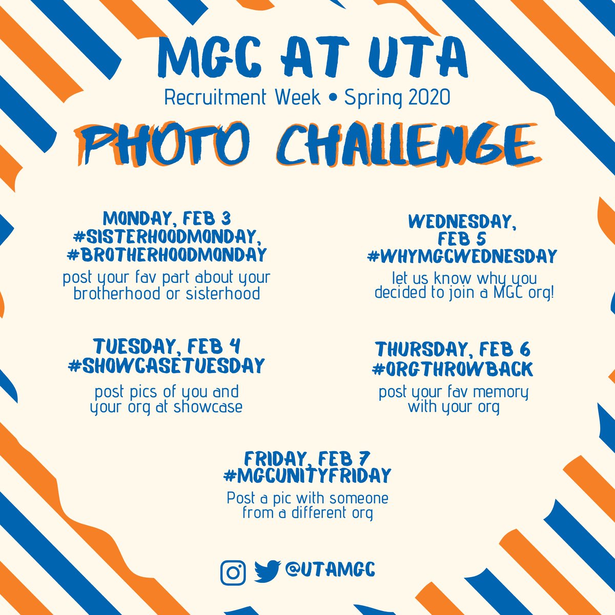 MGC Week is H-E-R-E!!! We invite everyone to participate in our MGC Week Photo Challenge! 💫 Make sure to tag us and use the daily hashtags! We will retweet some! 
•
•
•
#UTAMGCWeek #SisterhoodMonday #BrotherhoodMonday