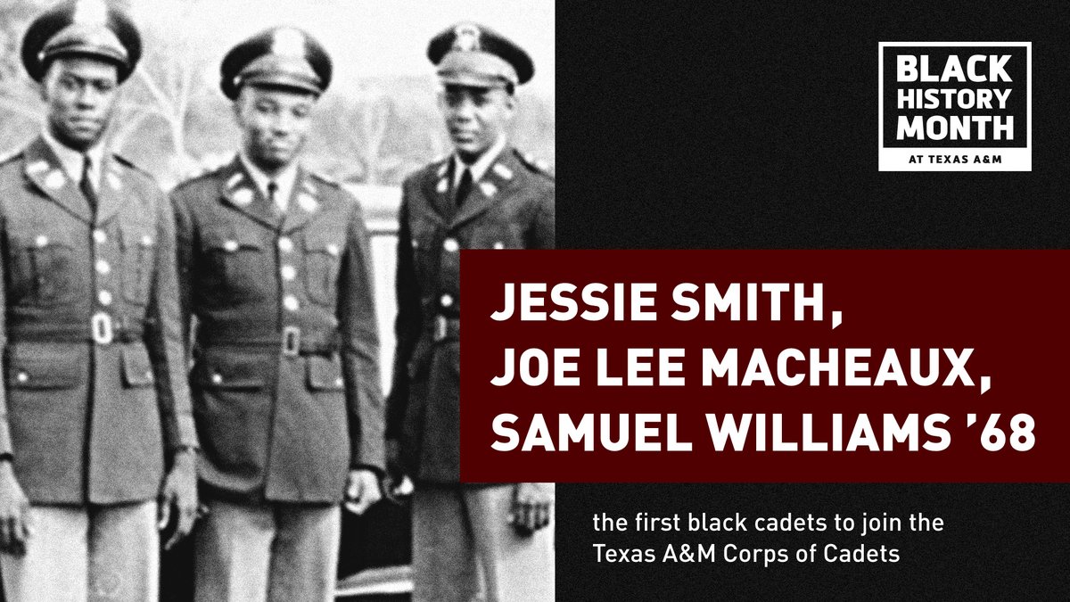 photo of three cadets and names jessie smith joe lee macheaux samuel williams and the first blak cadets to join the corps of cadets