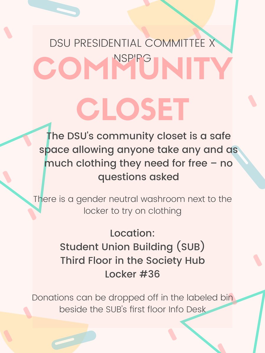 DalStudentUnion's tweet photo. 🧥 🧢 Open now! 👕 👟 DSU Presidential Committee &amp; NSPIRG present the Community Closet, a safe space for anyone to take as much clothing as they need — no questions asked. Closet: SUB, 3rd floor Society Hub, Locker #1. Donation: Labeled bin beside the SUB first floor Info Desk.✨ https://t.co/HTar5HAcjo