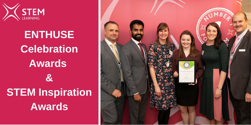 Text reading ENTHUSE Celebration Awards & STEM Inspiration Awards alongside a photo of six award winners from 2019