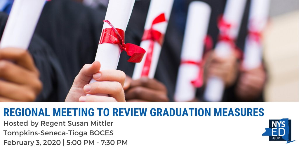 Today: Regent Susan Mittler will host a regional meeting to review NYS graduation measures at the <a href="/TSTboces/">TST BOCES</a> Smith School Gymnasium from 5:00 pm – 7:30 pm. Find more information, including registration details, here: bit.ly/38hYX6d #NYSGradMeasures