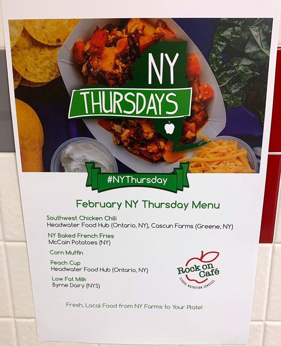 The February 6 #NYThursday menu includes southwest chicken chili, baked French fries, corn muffins, peach cups and low-fat milk! #Yum