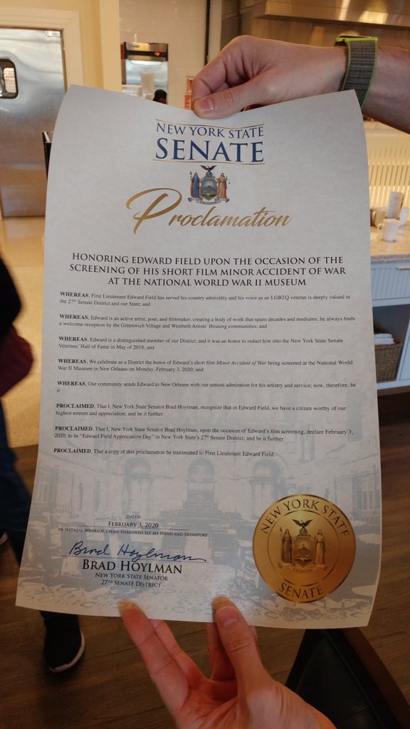 NY State Senate proclaims Feb. 3, 2020 as Edward Field Appreciation Day!  95 yr old US WWII Veteran Edward Field screens his film this evening at the National WWII Museum in New Orleans. <a href="/WWIImuseum/">National WWII Museum</a> <a href="/bradhoylman/">Brad Hoylman-Sigal 🌈🥯</a>  #veteran #MondayMorning #LGBT #WW2