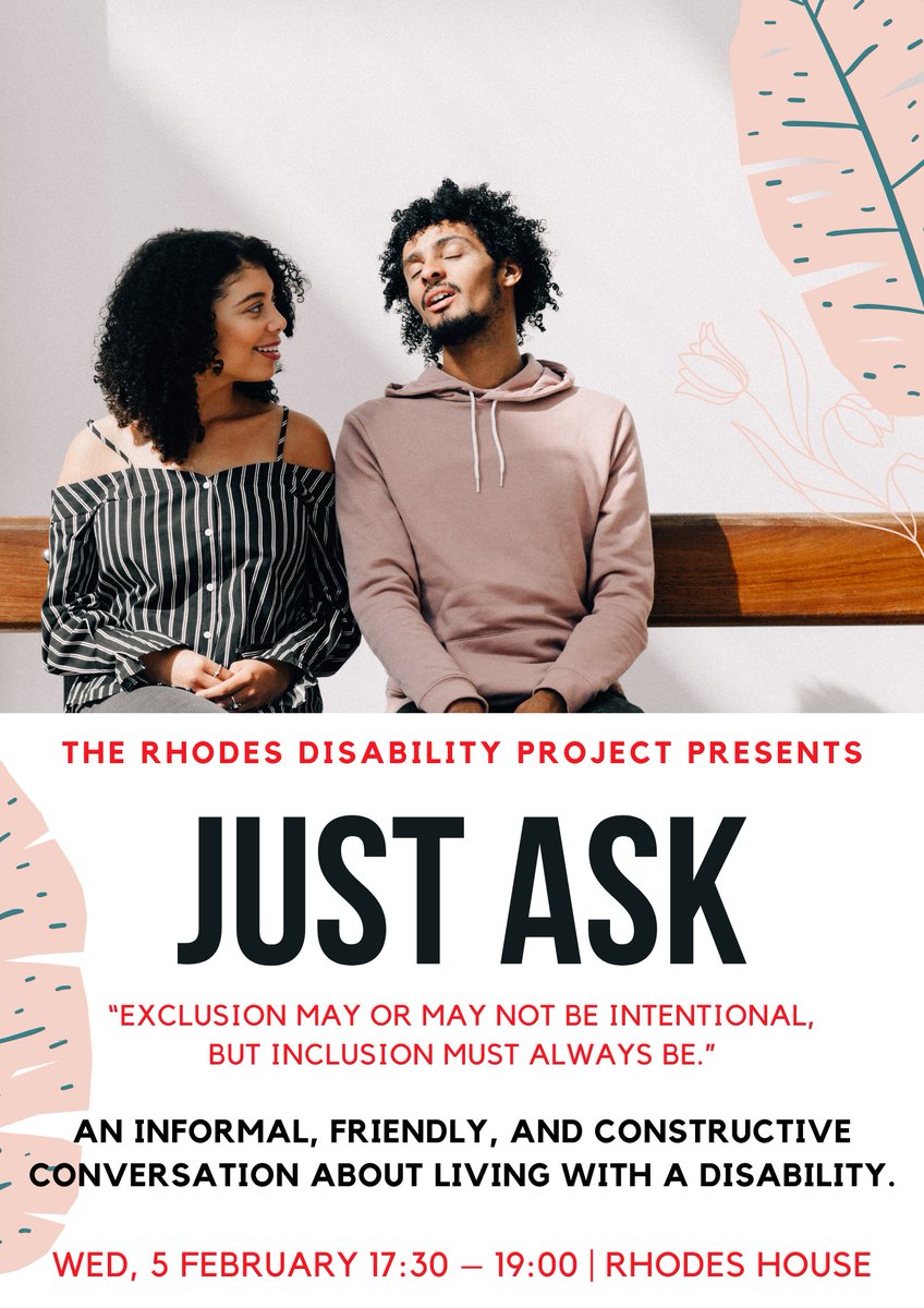 Two people sit on a bench chatting; a girl with a black striped top, and a boy with a pink sweater. Text reads: The Rhodes Disability Project Presents: Just Ask.