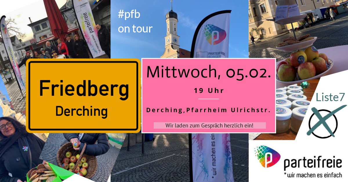 Sehen wir uns Mittwoch in Derching? Wir empfangen Euch mit einigen Leckereien... und guten Gesprächen! #pfbontour #wahl2020 #100prozentparteifrei