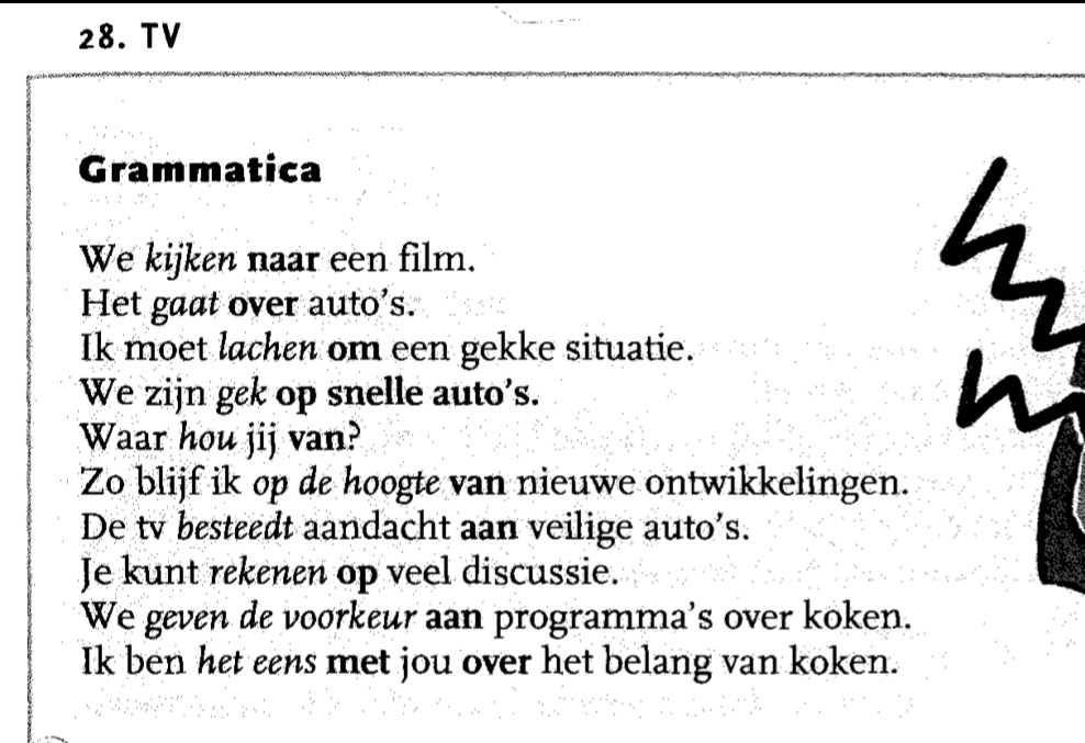 Example sentences in a textbook about Dutch, showing which preposition various verbs take 
