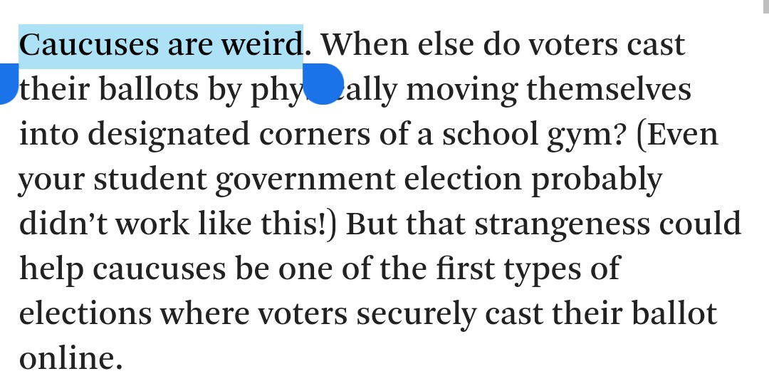 Screenshot of the lead paragraph, highlighting the opening line: "Caucuses are weird."