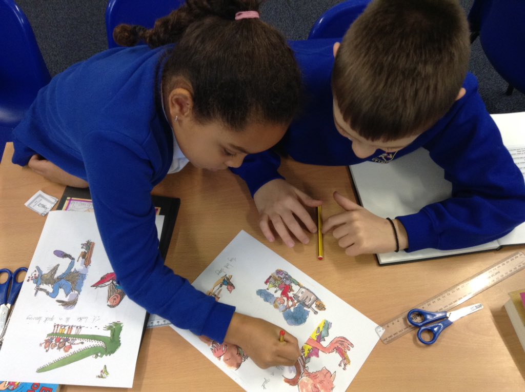latimerprimary's tweet photo. In #ClassCM this afternoon, we began our new curriculum topic which is looking at the work of Quentin Blake π¨π. We began by learning a little about his life and then began to analyse his illustrations for Roald Dahl π. #LatimerArt https://t.co/xvOPIalsWb