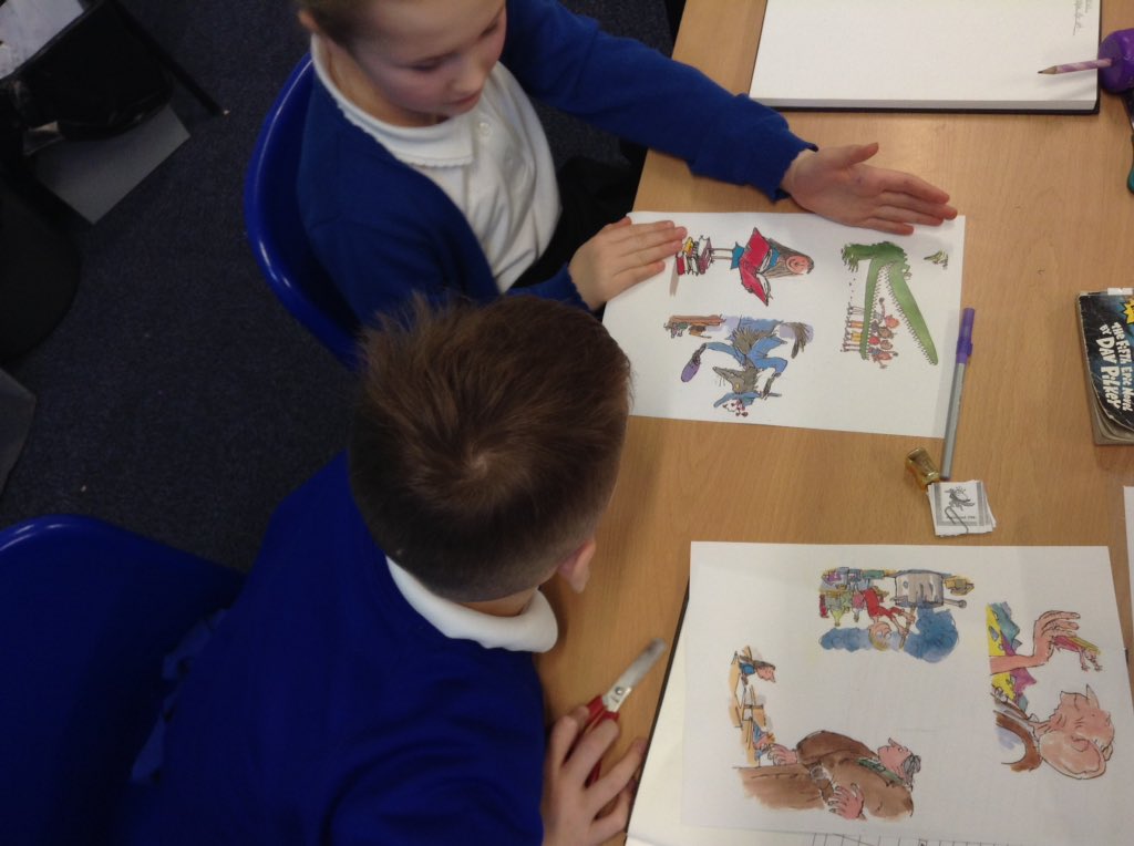 latimerprimary's tweet photo. In #ClassCM this afternoon, we began our new curriculum topic which is looking at the work of Quentin Blake π¨π. We began by learning a little about his life and then began to analyse his illustrations for Roald Dahl π. #LatimerArt https://t.co/xvOPIalsWb