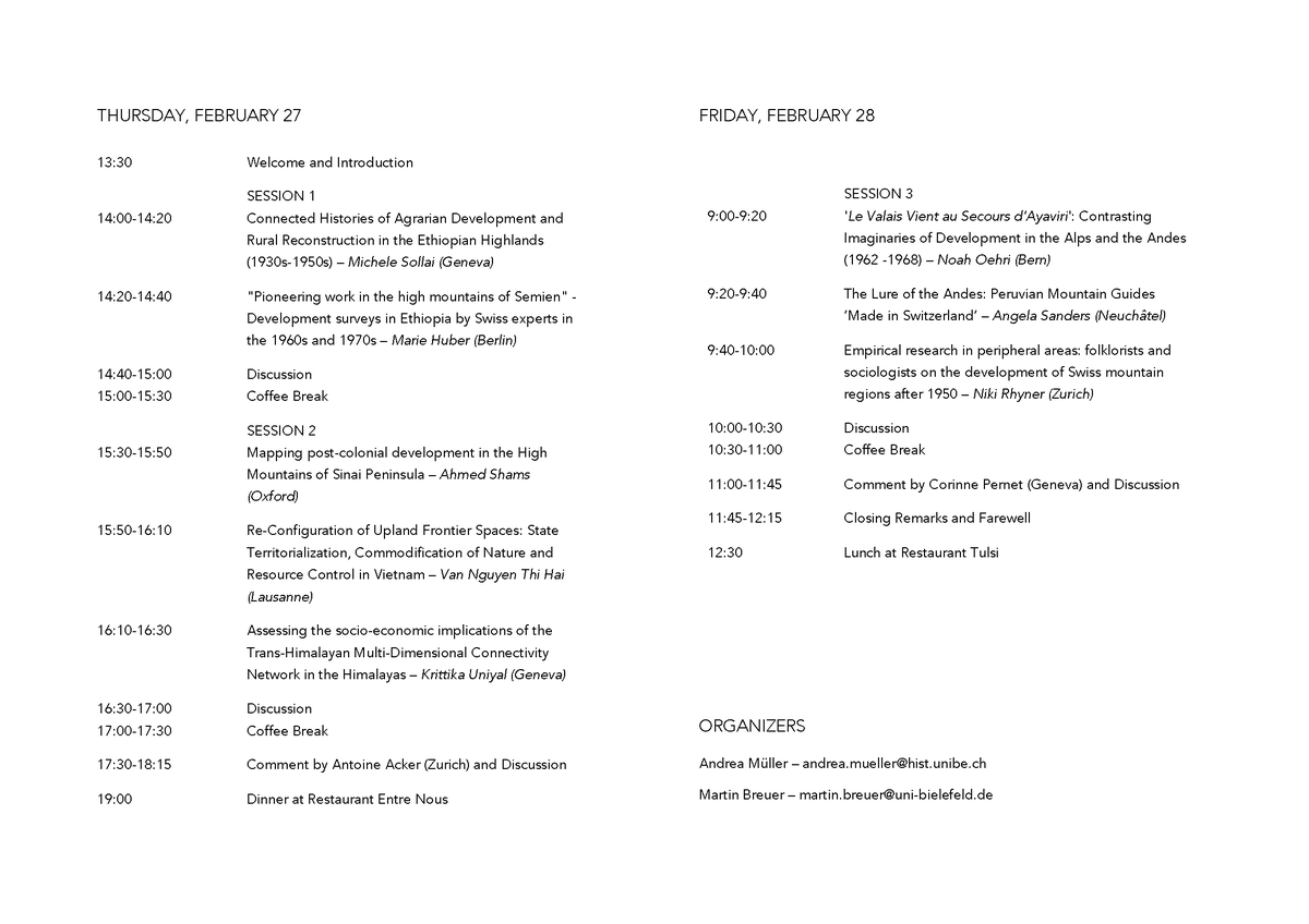 histunibern's tweet image. Workshop, University of Bern

'Imaginaries of development in the highlands: The constitution of mountain areas as spaces for international development cooperation since 1945'

February 27-28, 2020
UniS, Schanzeneckstrasse 1, Room: A-119
Unitobler, Lerchenweg 36, Room: F-121