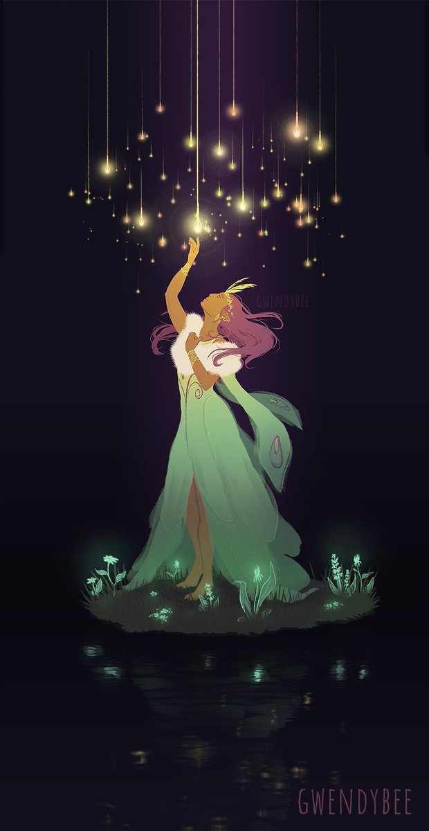 Illustration of a woman wearing a Luna moth -inspired gown, reaching up to touch a glittering light.