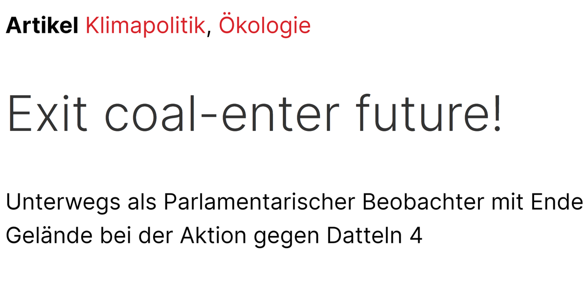 Exit coal-enter future!

Unterwegs als Parlamentarischer Beobachter mit Ende Gelände bei der Aktion gegen Datteln 4